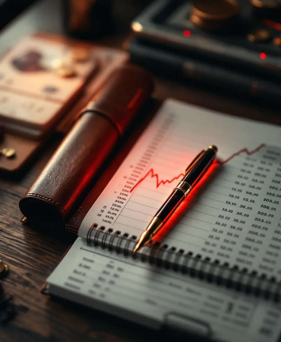 A leather-bound ledger open on a dark desk beside a fountain pen and a rising line chart